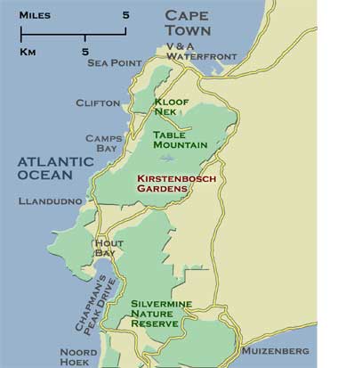 Map: locale of Kirstenbosch Gardens, Cape Town